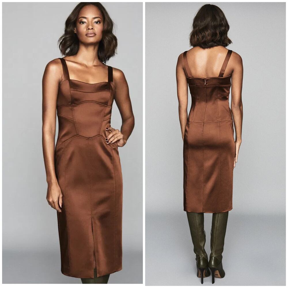 Reiss Madeleine Structured Dress Chocolate Brown